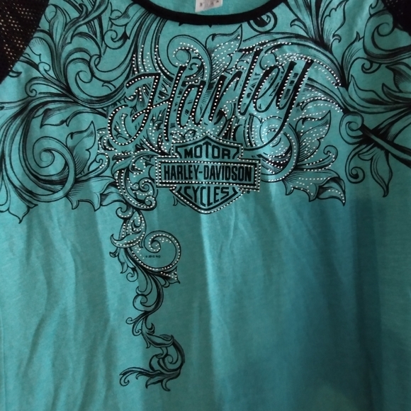 ♥️ 💙 Harley Davidson blue/green shirt with fishnet 1/2 sleeves - Picture 2 of 5